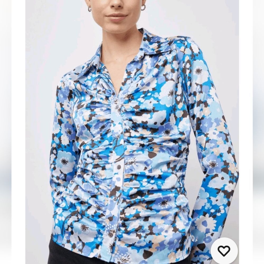 Rails Women Blue & White Long Sleeve Button Down Ruched Floral Top sz M